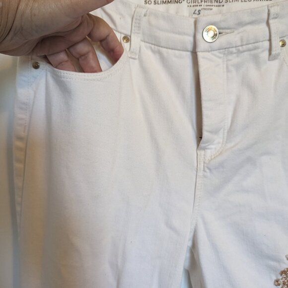 BEADED & Embr FLORAL Jeans | Natural & Tan | Chicos size 1 | 8 | STRETCH | EUC - Picture 7 of 11